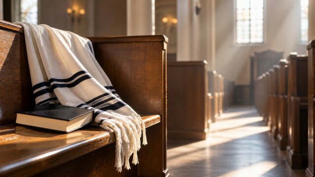 A prayer shawl and book rest on a wooden synagogue pew bathed in sunlight. Rays of light stream through windows, illuminating the dust-filled air. This serene image evokes themes of faith, tradition