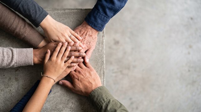 Diverse hands stacked together symbolizing unity and solidarity for human rights month celebration