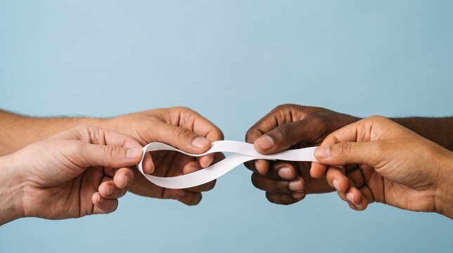 Diverse hands holding a symbolic ribbon together representing unity and human rights awareness for Human Rights Month
