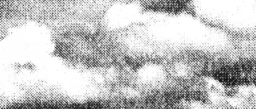 Overlapping cloud forms rendered in coarse black-and-white printed dots.