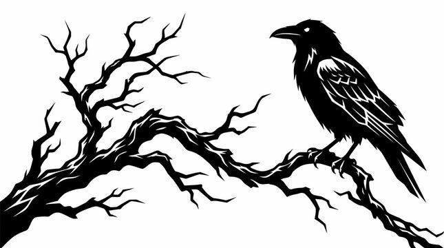 Black crow perched on a bare twisted tree branch silhouette