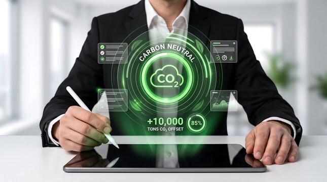 Modern green corporate technology visualizing carbon offset progress, climate responsibility, and verified environmental performance