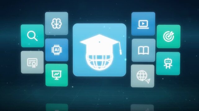 Online education icon grid with graduation cap and book tiles flipping on dark blue