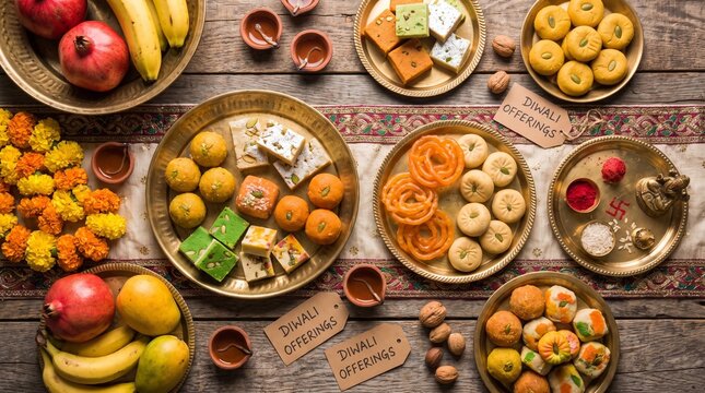 Diwali offerings of Indian sweets, fruit, flowers, and lamps fill plates. A rustic table presents festive food and sacred objects. Cultural holiday concept for greeting card.