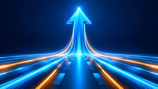 Glowing neon light trails merging into an upward arrow on a dark background. Concept of accelerated business growth and financial success.