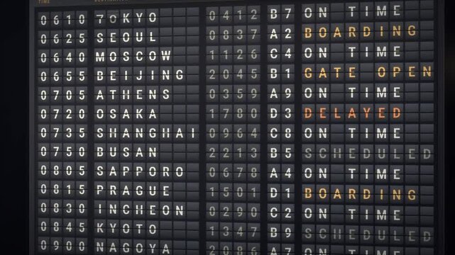 Airport departure board with split flap letters flipping through flight status rows