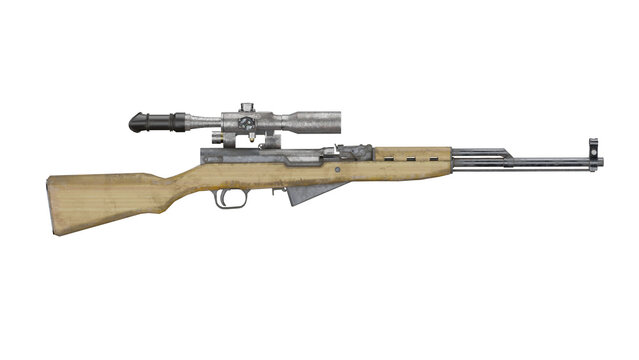 3d rendering of a gun with a wooden stock and a scope attached