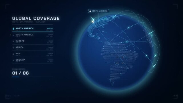 Digital globe rotating while a global coverage checklist activates each continent in turn