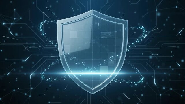Cybersecurity shield icon glowing with digital circuit board animation lines inside a dark blue background for professional technical video presentation