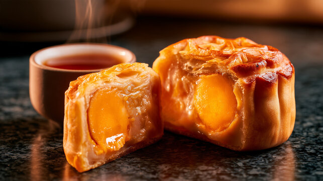 Macro view of rich lotus seed mooncake slice beside a steaming teacup on a dark stone surface, highlighting rich pastry texture and tea aroma.