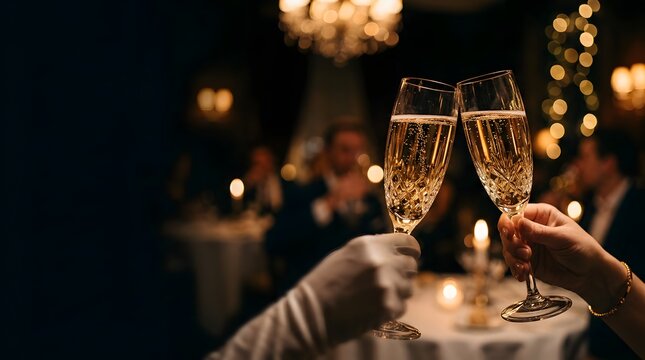 Hands holding crystal glasses with sparkling wine for a festive toast