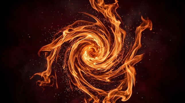 Abstract vortex of bright orange fire flames swirling in a dark background with abstract background firestorm elemental combustion