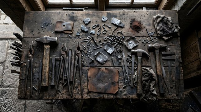 Old blacksmith tools arranged on a rustic wooden workbench in a workshop with blacksmith workbench workshop handcraft industry
