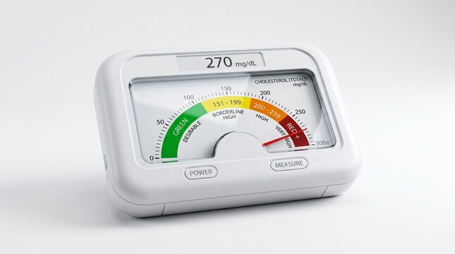 A white digital cholesterol meter displaying a reading of 270 mg/dL, with a red needle pointing to the "Very High" risk zone on a color-coded gauge.