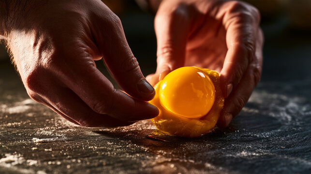 Baker hands gently wrapping a glossy golden salted egg yolk in smooth lotus paste on dark slate, capturing artisan mooncake preparation.