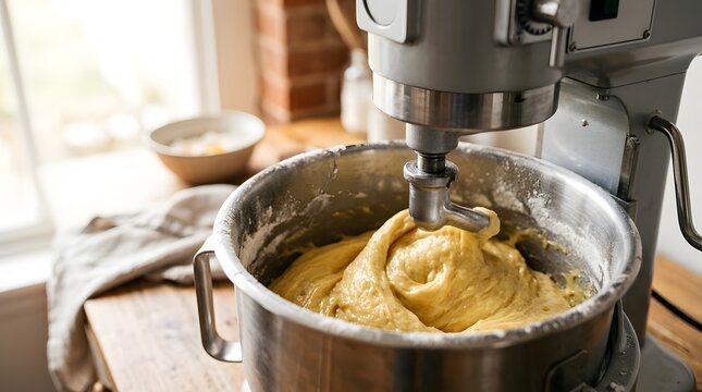 Silver stand mixer mixing yellow cake batter in a rustic kitchen