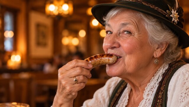 Woman in traditional Bavarian attire eagerly bites into a sausage with mustard. She wears a festive hat and a dirndl, smiling joyfully at the camera