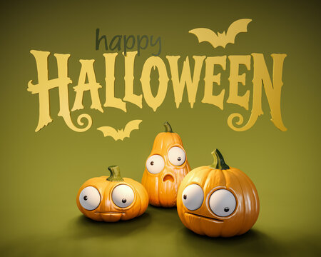 Happy Halloween. Funny pumpkins with Happy Halloween text on mustard green background. 3D Rendering, 3D Illustration