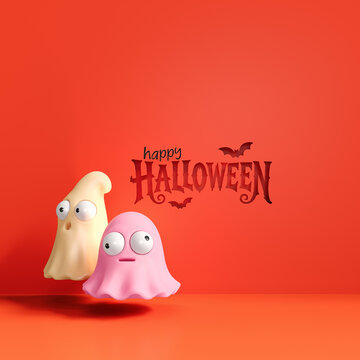 Two cute ghost with Happy Halloween text on red background. Halloween greeting card design. 3D Rendering, 3D Illustration