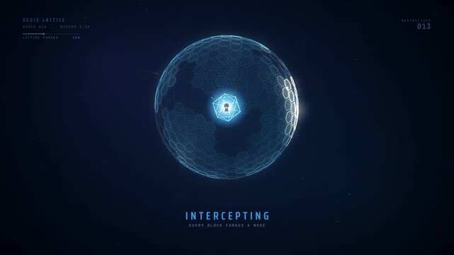 Cyber security shield sphere blocking incoming attacks around a glowing padlock core