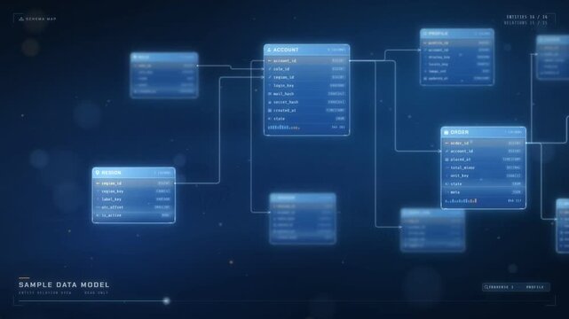 Database schema diagram with linked tables, columns and relationship lines in a data model