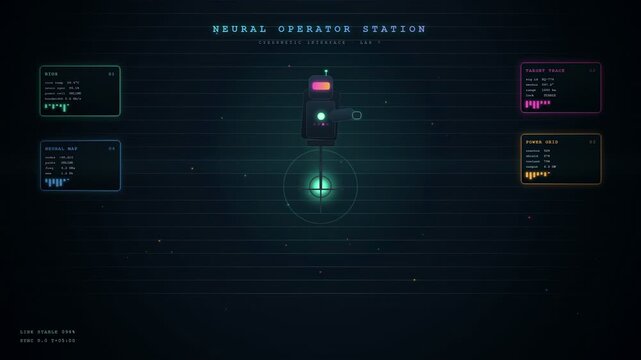 Futuristic Digital Interface HUD with Neural Operator Station Data and Cyberpunk Holographic Graphics
