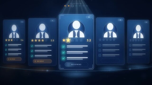 Recruitment candidate screening with profile cards, star ratings and a shortlisted applicant