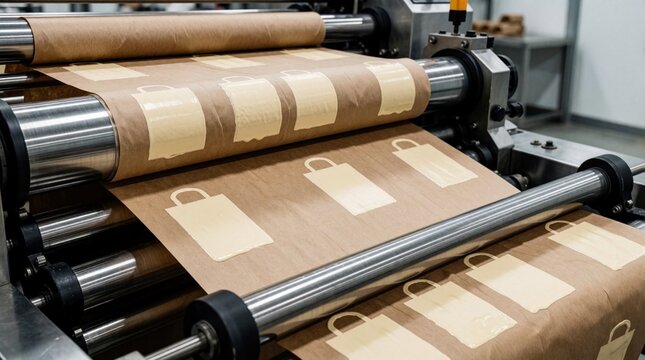 Flexo printing machine applies custom bakery bag logo on kraft paper roll. Packaging production shows precise ink application for small business branding and eco friendly design.