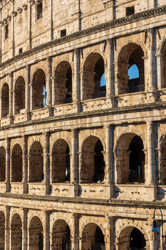 Exterior Facade, The Colosseum, an elliptical amphitheatre in the centre of the city of Rome, Italy. 72 AD. 
