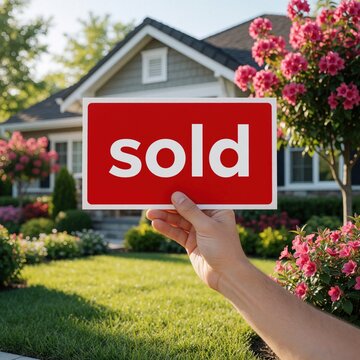 Hand holds bright red sold sign in front of attractive suburban house. Lush green lawn and blooming pink flowers enhance curb appeal. Successful home purchase, real estate closing achieved.