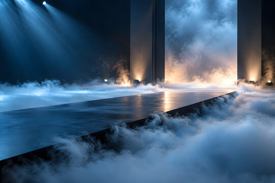 Empty dark runway stage with blue spotlights and rolling smoke