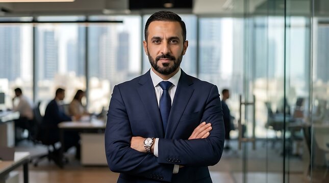 Arab Executive Man Western Suit Arms Crossed Leadership Portrait Global