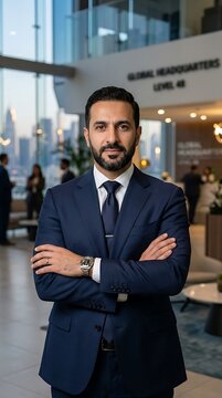 Arab Executive Man Western Suit Arms Crossed Leadership Portrait Global