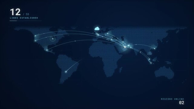 Global cloud network map with connection arcs linking data center regions worldwide