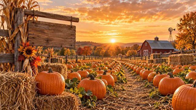 Autumn pumpkin patch field at sunset with red farm barn background