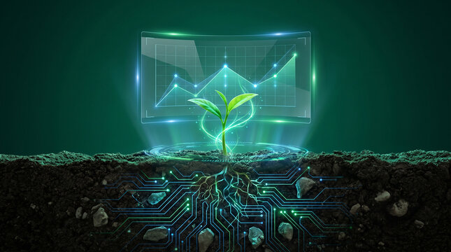 Precision agriculture dashboard with seedling and glowing digital roots representing agtech innovation and sustainable farming technology