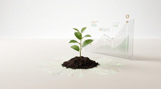 ESG performance metrics showing seedling with digital circuit roots and transparent financial growth chart representing clean tech investment
