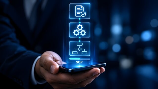 Hand holding smartphone displaying glowing digital standard operating procedure flowchart representing business process automation and SOP workflow management