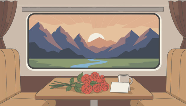 Scenic mountain range at sunrise is visible through a train window next to a table setting featuring red roses and a blank note card.