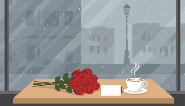 Raindrops streak down a windowpane while a bouquet of red roses and a cup of warm coffee sit on a wooden table in a cozy cafe during a rainy day.