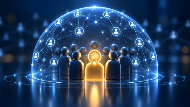 Team innovation and leadership concept with a glowing lightbulb brain icon person leading a group under a protective digital network dome