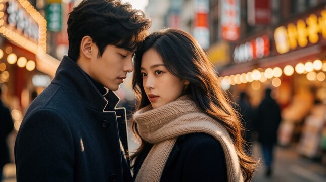 Young stylish Korean couple shares tender moment outdoors at night. Their long hair frames faces, city lights bokeh in background. Romantic connection, modern urban romance.