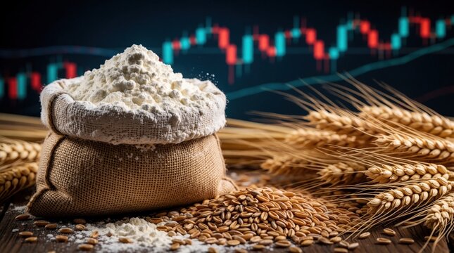 Burlap sack filled with white flour sits on wooden table near wheat grains, stalks. Financial stock market chart with red, green candles blurs in background. Concept shows food commodity price
