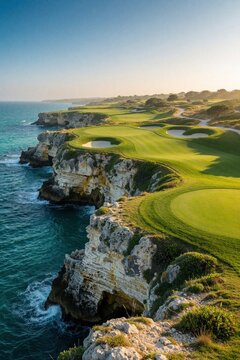 Rich green golf course on rugged sea cliffs under clear blue sky. Ocean waves crash on rocks below while manicured fairways and sand traps await golfers.