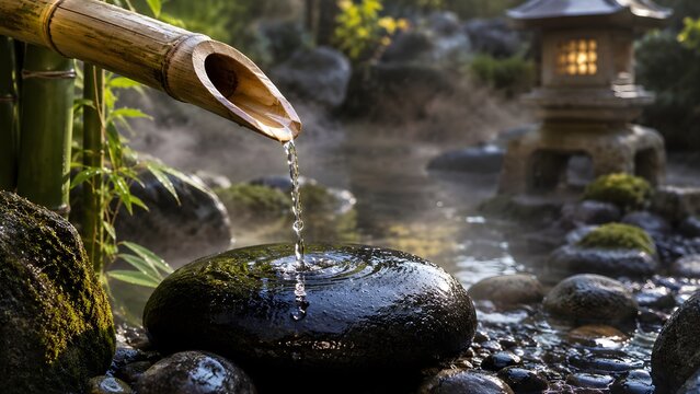 Traditional bamboo water spout dropping liquid in calm sanctuary
