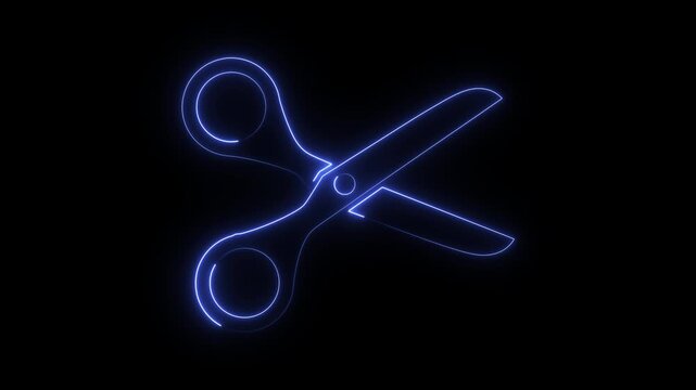 Glowing blue neon scissors animation featuring dynamic light motion clip effect