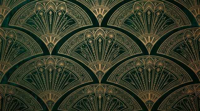 Art Deco Emerald Green and Gold Geometric Fan Wallpaper Background