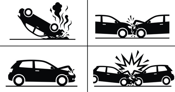 Set of different car crash scenarios silhouettes vector illustrations showing automobile traffic accidents isolated on white background.