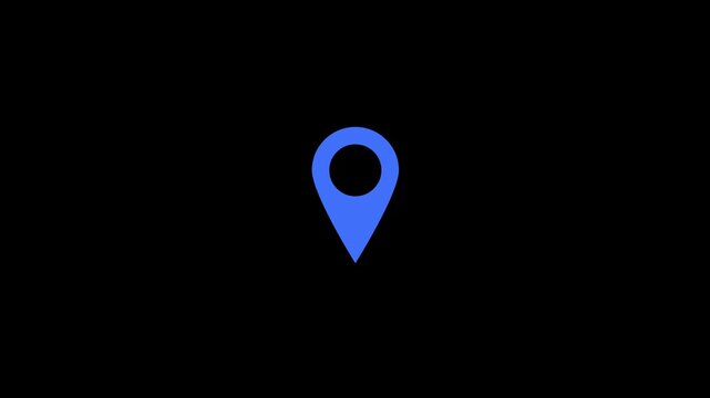 Blue map pin animation moving across a simple black background footage