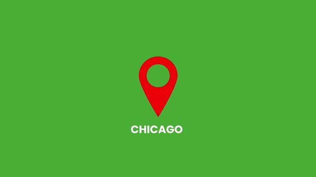 Red location pin marker animation pointing at Chicago city footage